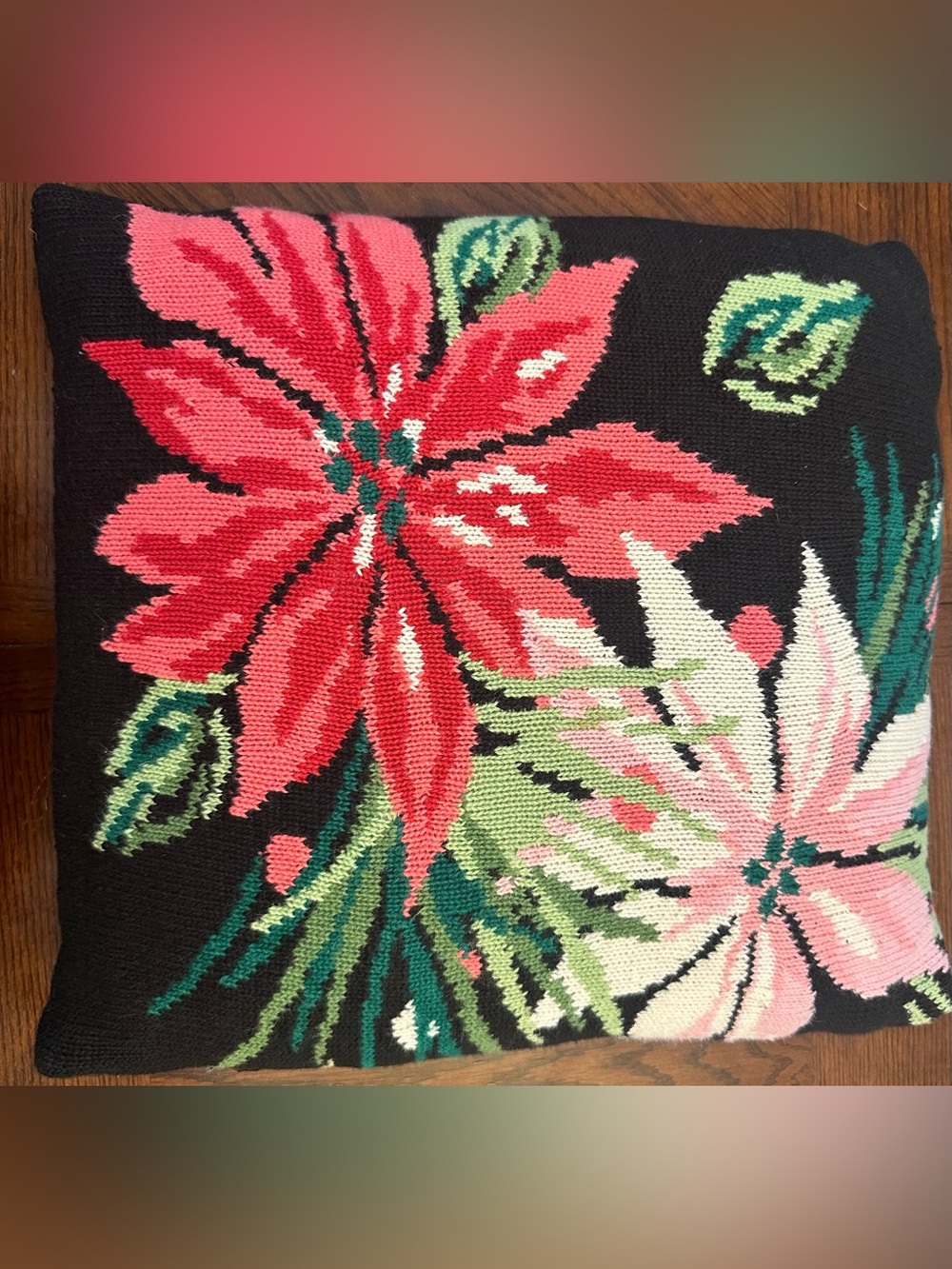 Source Unknown Black Pillow Cover with Red and Pink Floral Knit
